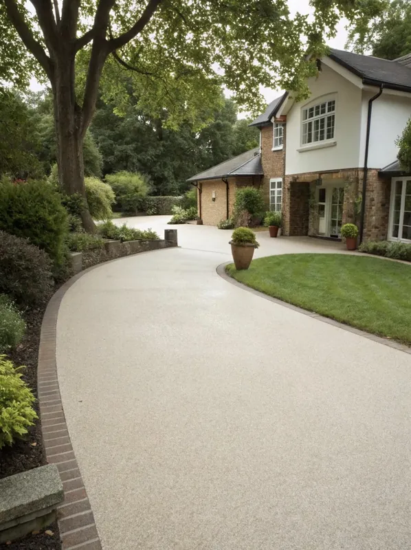 Cream resin bound carriage driveway with brick trim curving past a lawn to a large detached house