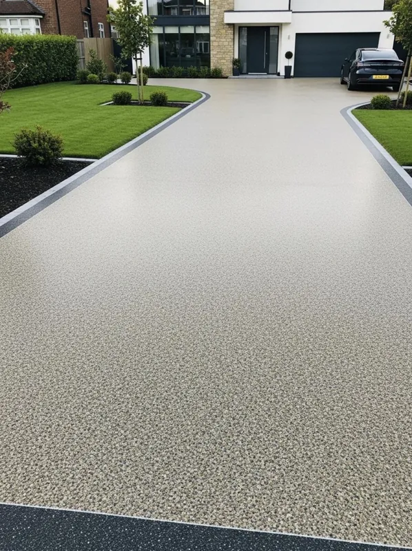 Silver-grey resin bound driveway with dark border on a modern double frontage